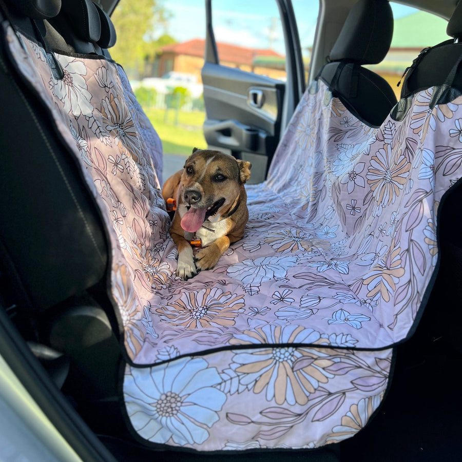 Creamy Flowers Dog Car Seat Covers with a dog sitting on it in a car