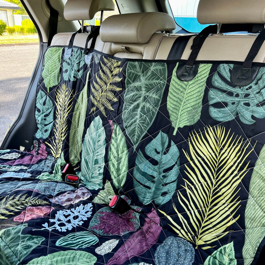 Tropical Leaf Print Dog Car Seat Covers fitted across a car back seat