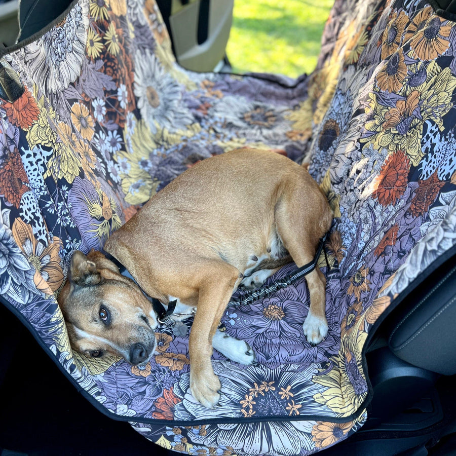 Fall Flowers Dog Car Seat Covers with a dog sitting on it in a car