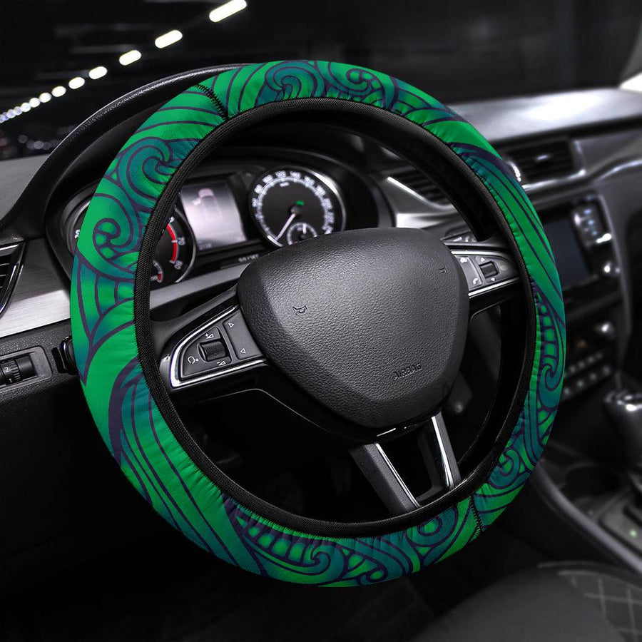 Maori Green Fern Steering Wheel Covers fitted on a steering wheel