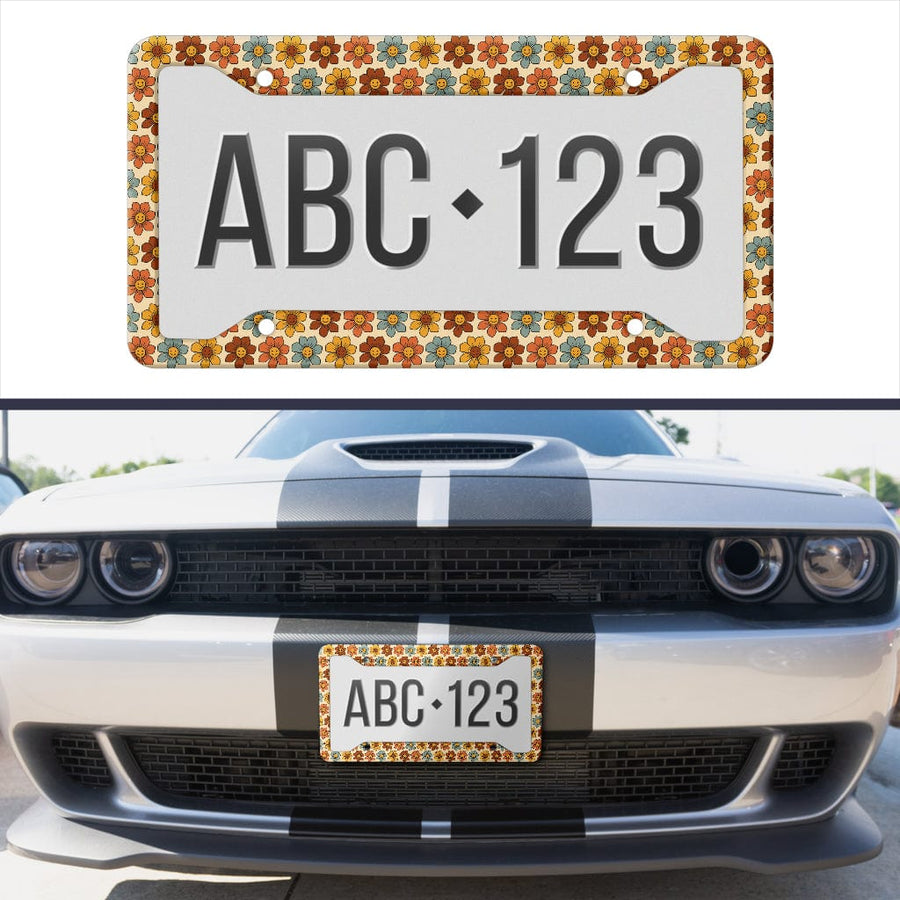 Smiling Flowers II License Plate Frame on its own and fitted on a car