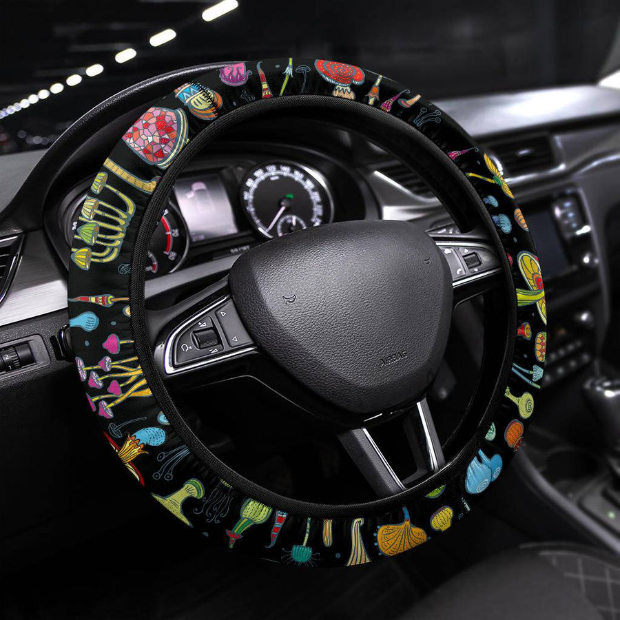 Magic Mushrooms Steering Wheel Covers fitted on a car steering wheel