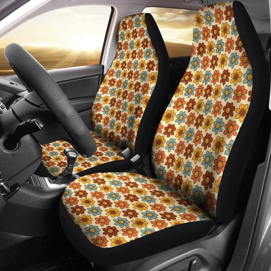 Retro 1970s Smiling Flowers Faux Suede Car Seat Covers (Set of 2) fitted on front car seats