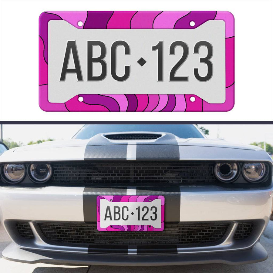 Magenta Vibes License Plate Frame on its own and fitted on a car