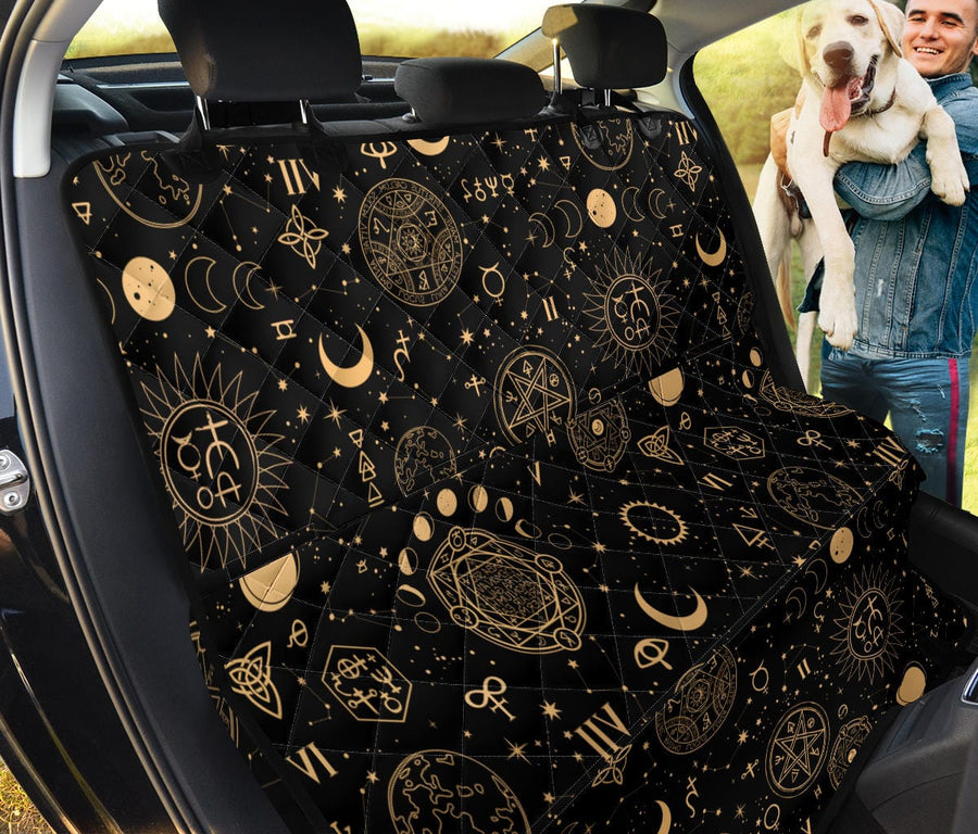 Black and Sand Celestial Dog Car Seat Covers fitted across a car back seat as a hammock