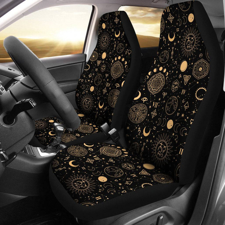 Black And Sand Celestial Faux Suede Car Seat Covers (Set of 2) fitted on front car seats