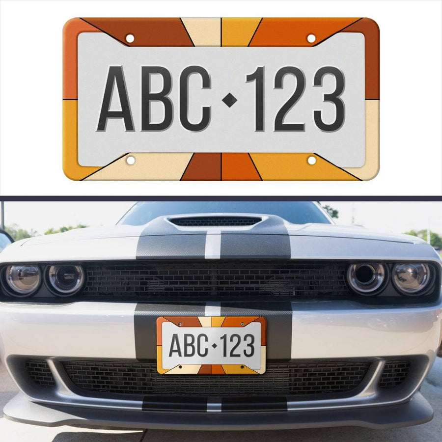 Vintage 1970s Rust Burnt Orange Yellow & Beige Retro Rays License Plate Frame on its own and fitted on a car