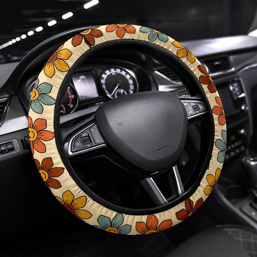 Retro 1970s Smiling Flowers Steering Wheel Covers fitted on a car steering wheel