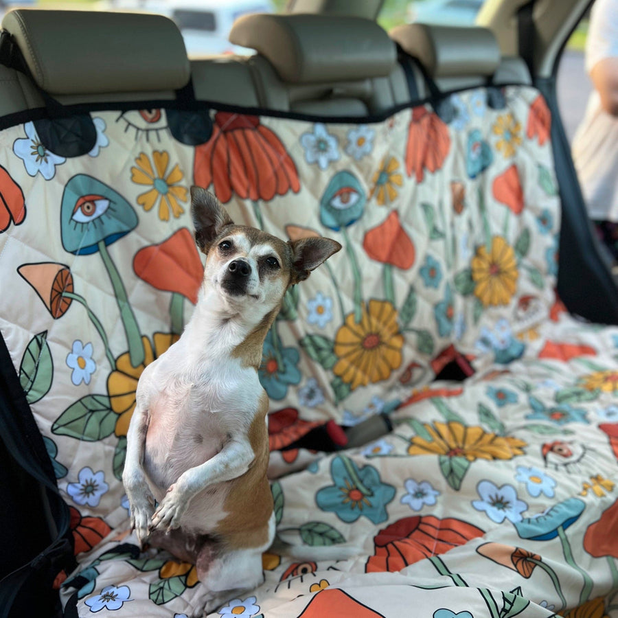 Hippie Mushroom Love Dog Car Seat Covers with a dog sitting on it in a car