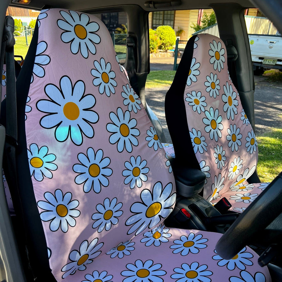 Pink Daisy Car Seat Covers fitted on car seats (view 3)