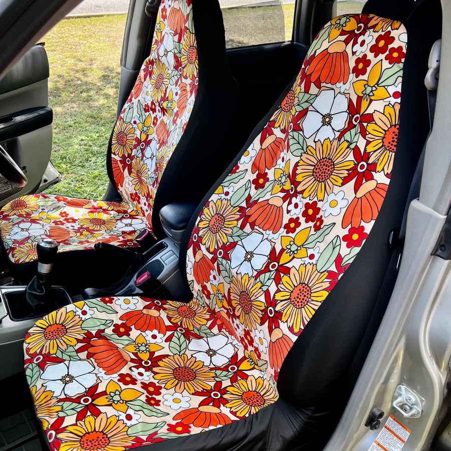 Rustic Blooms Faux Suede Car Seat Covers (Set of 2) fitted on car seats