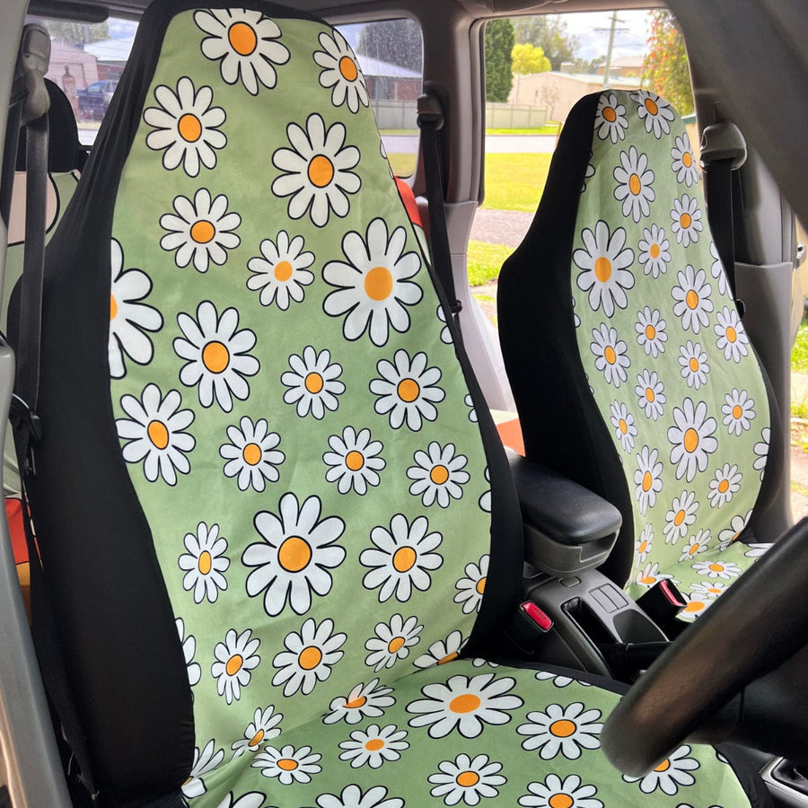 Sage Green Daisy Premium Car Seat Covers (Set of 2) fitted on car seats