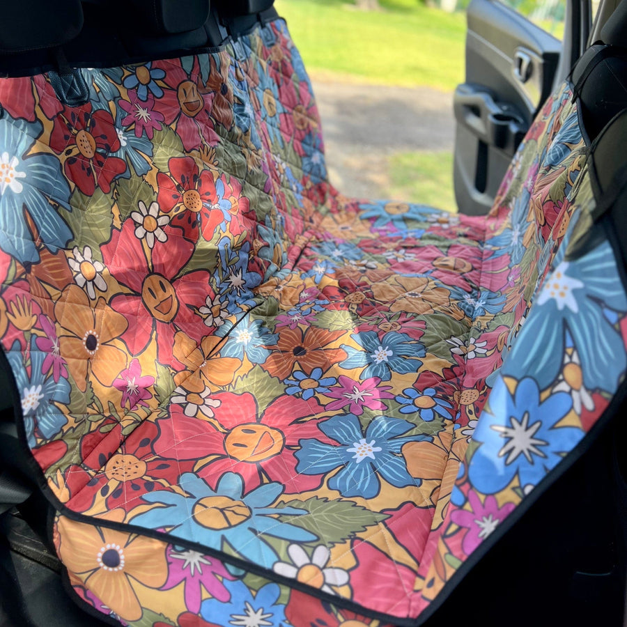 Hippie Smiling Cuties Dog Car Seat Covers fitted across a car back seat