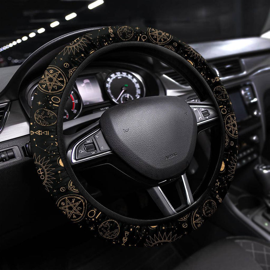 Black And Sand Celestial Steering Wheel Covers fitted on a car steering wheel