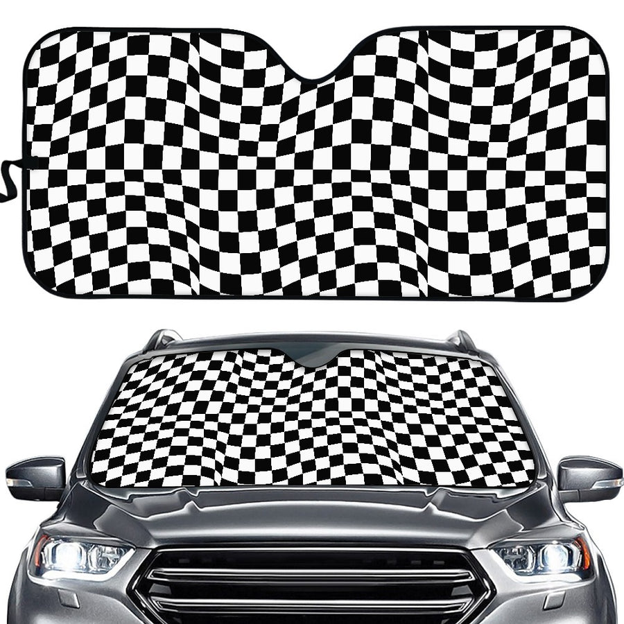 Wavy Black and White Checkered Car Shade fitted in a car windscreen