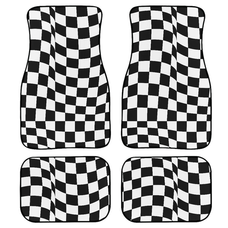 Wavy Black and White Checkered Car Floor Mats, set of four laid flat
