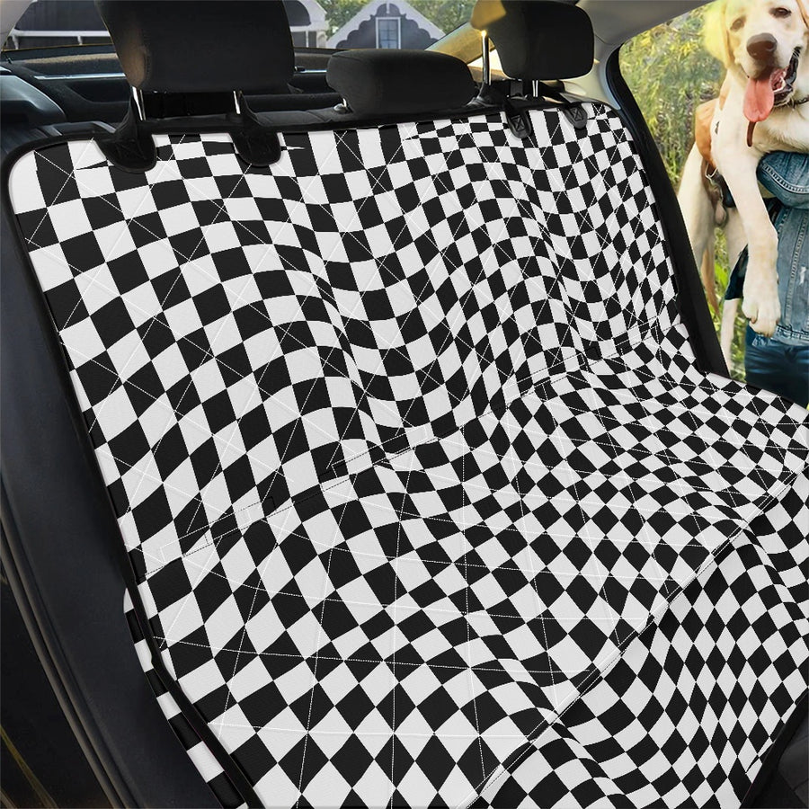 Wavy Black and White Checkered Dog Car Seat Covers fitted across a car back seat