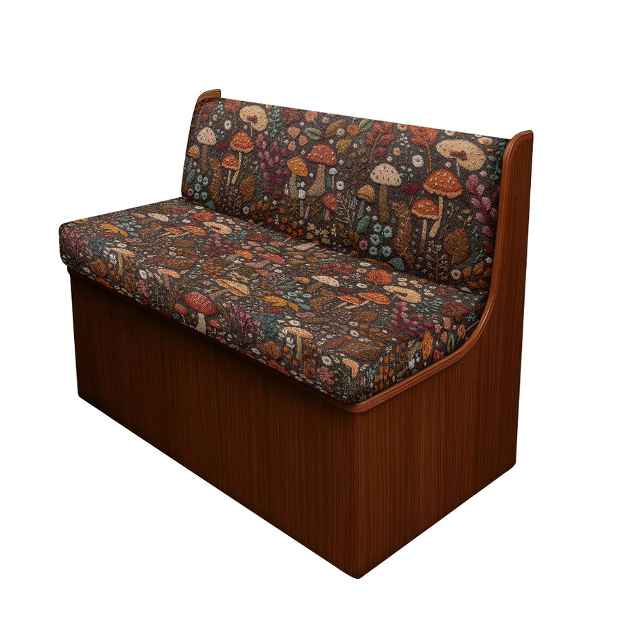 Brown Mushrooms RV Bench Seat Cover fitted on an RV dinette bench seat (view 2)