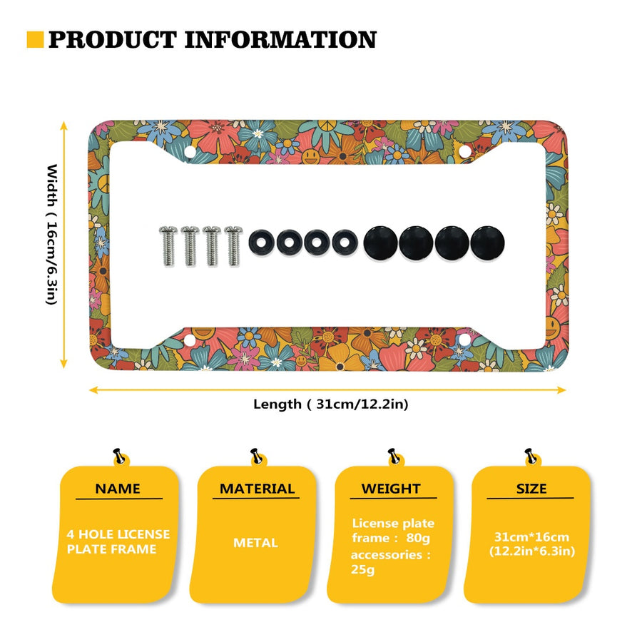 Colourful Hippie Flowers License Plate Frame, size and product details