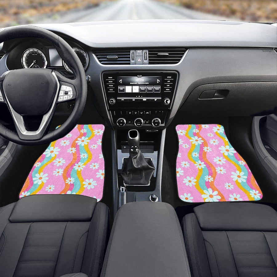 Pink Groovy Flowers Car Floor Mats, front mats fitted in a car