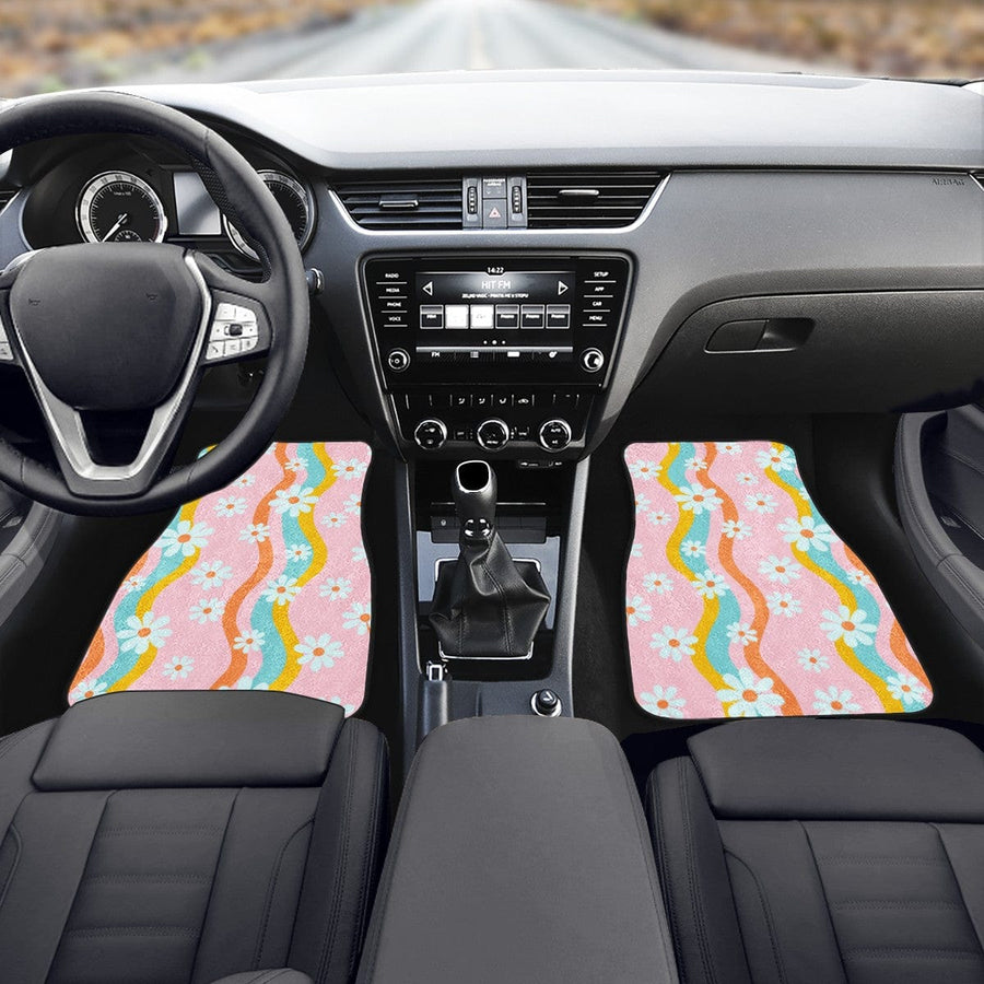 Pastel Pink Groovy Flowers Car Floor Mats, front mats fitted in a car