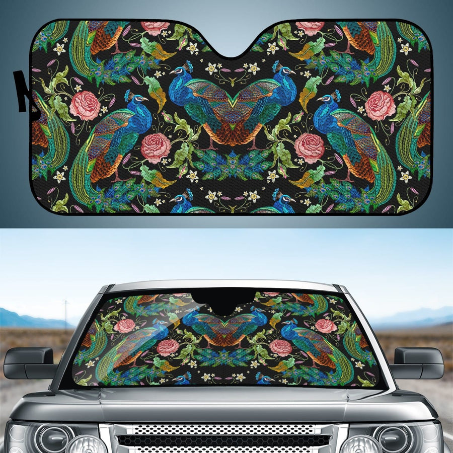 Peacock Parade Car Shade open and fitted in a car windscreen