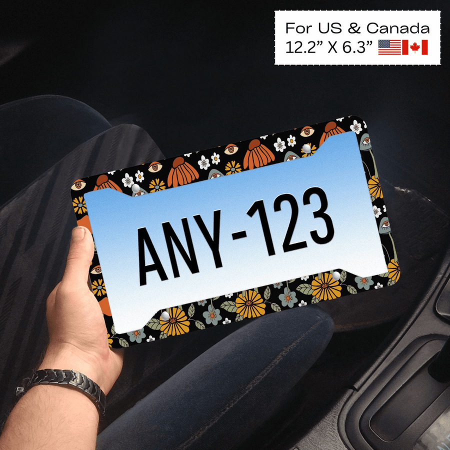 Hippie Mushroom on Black License Plate Frame held up to show the print