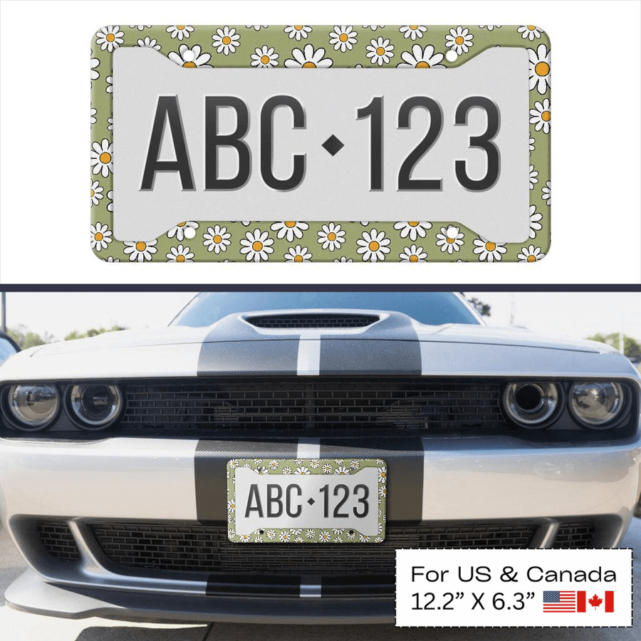 Sage Green Daisy License Plate Frame on its own and fitted on a car