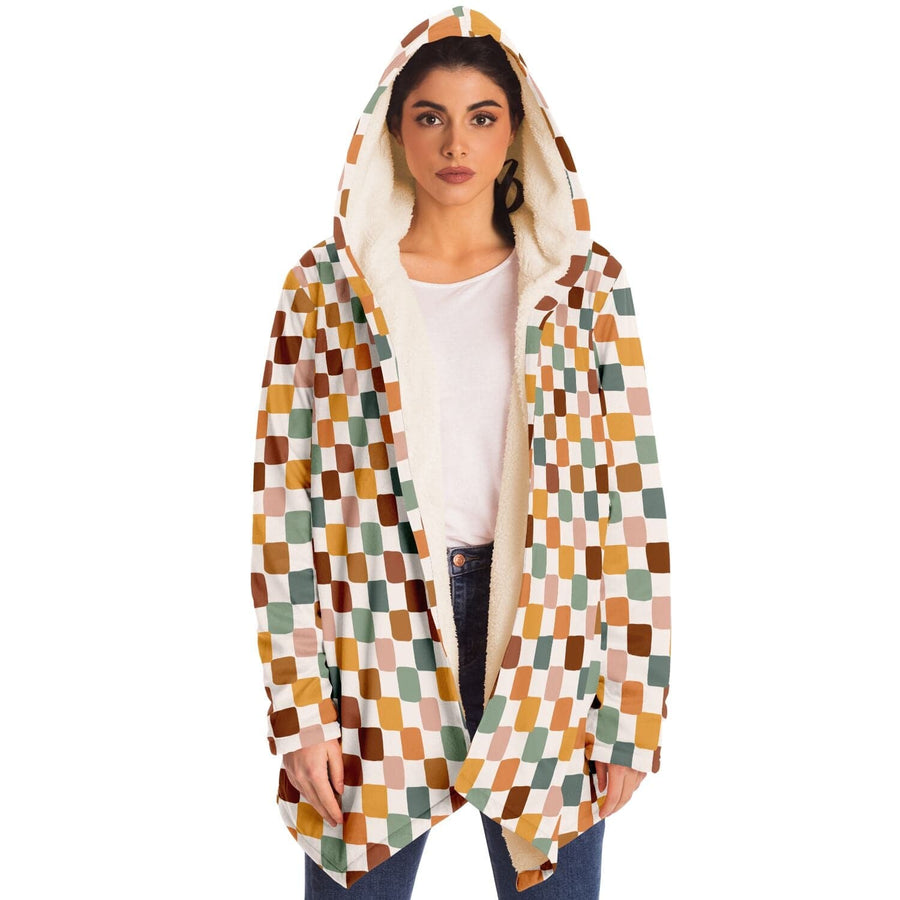 Boho Checkered Hooded Cloak worn by a model (view 4)