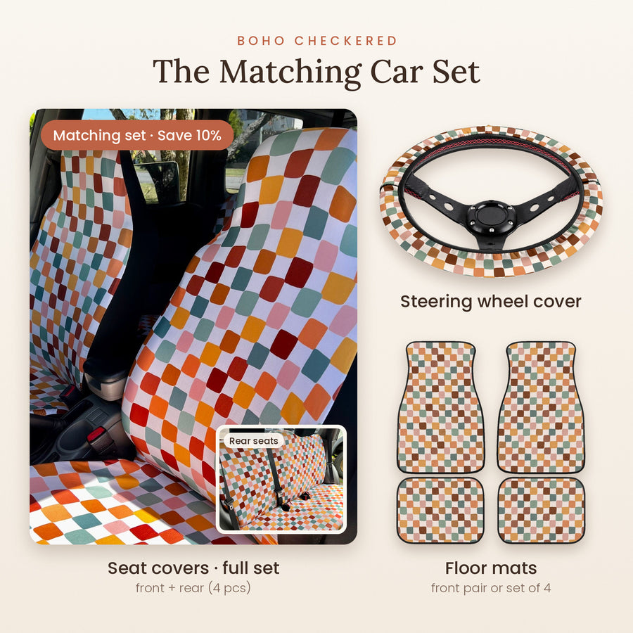 Boho Checkered Matching Car Set: seat covers full set, steering wheel cover and floor mats