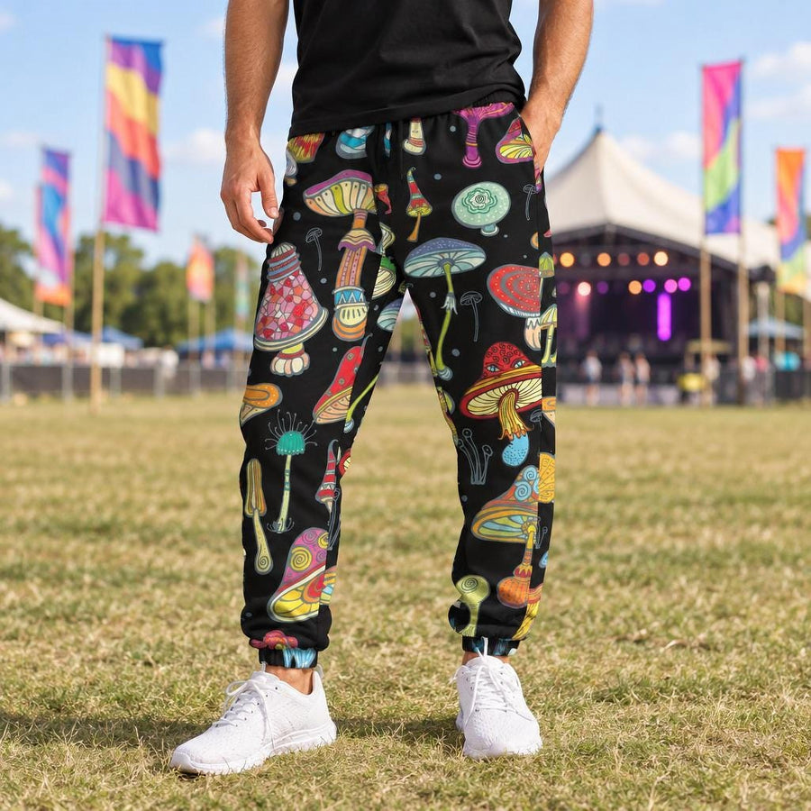 Magic Mushrooms Men's Track Pants worn with white sneakers at a sunny outdoor music festival with colourful flags
