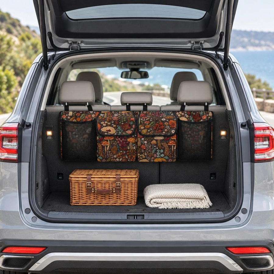 Brown Mushrooms Faux Embroidery Car Trunk Organiser hanging from the rear headrests in an SUV boot, with two flap pockets and two mesh side pockets
