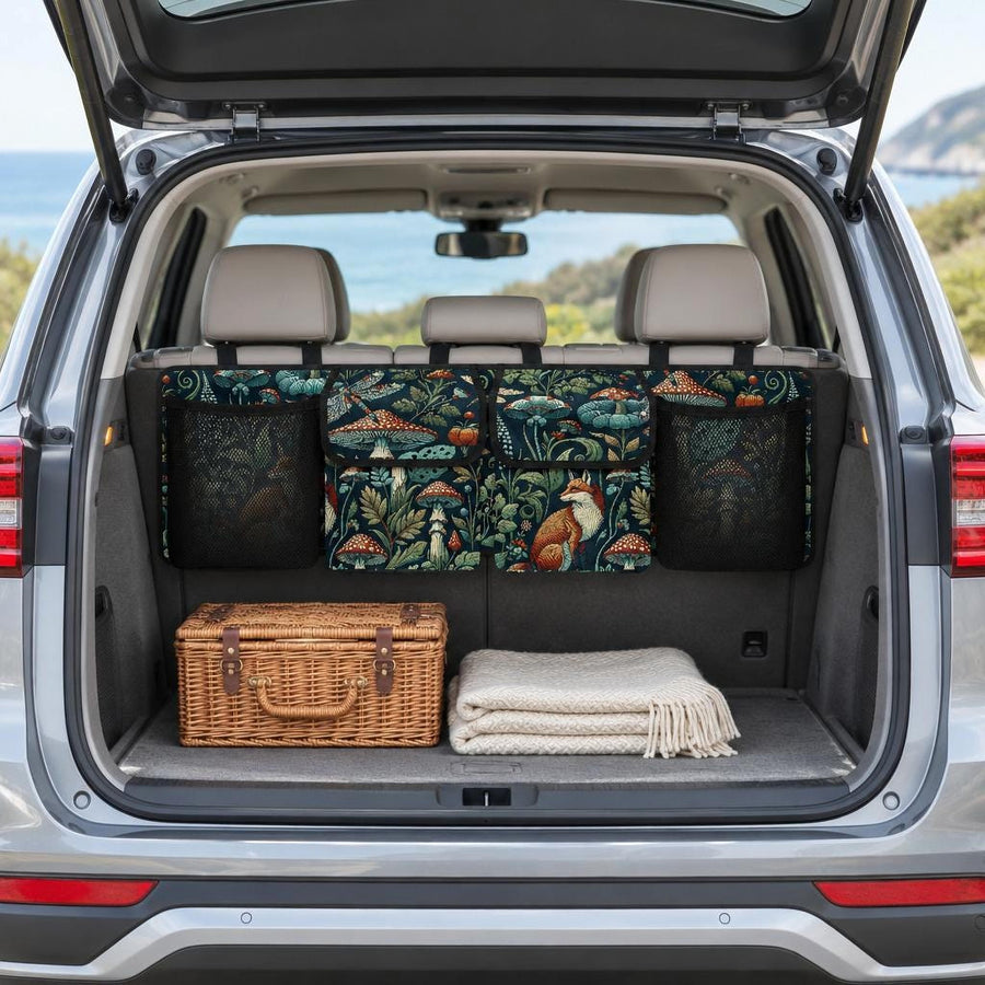 Woodland Fox Car Trunk Organiser hanging from the rear headrests in an SUV boot, with two flap pockets and two mesh side pockets