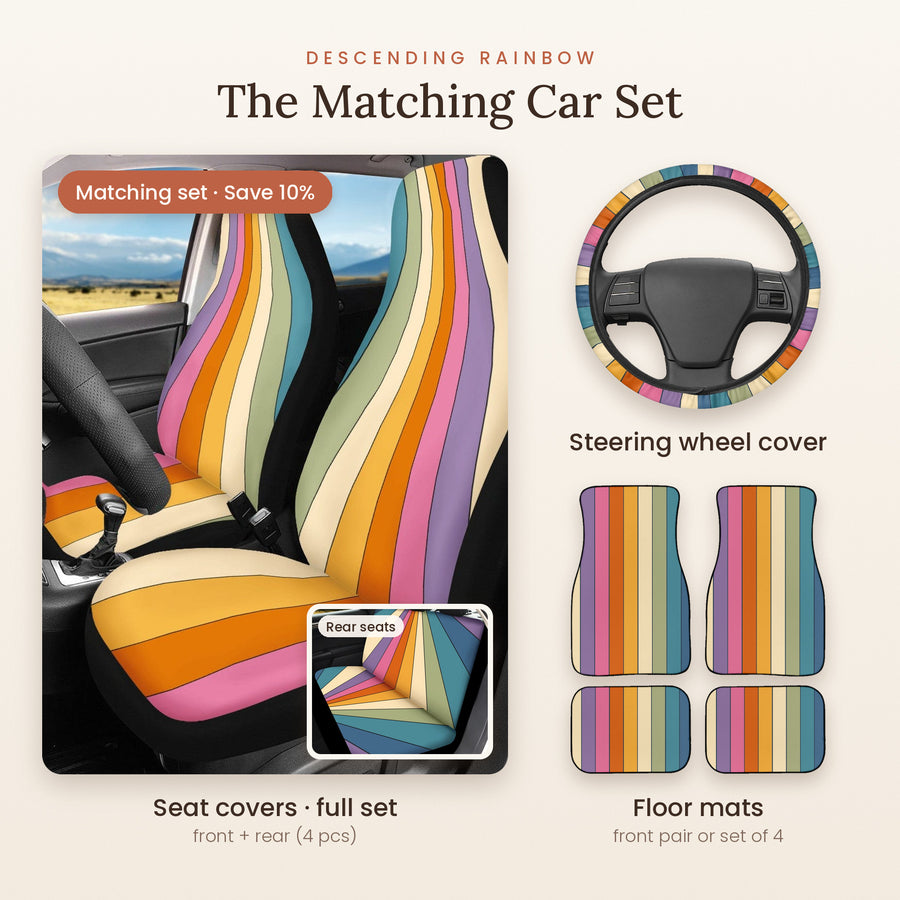 Descending Rainbow Matching Car Set: seat covers full set, steering wheel cover and floor mats