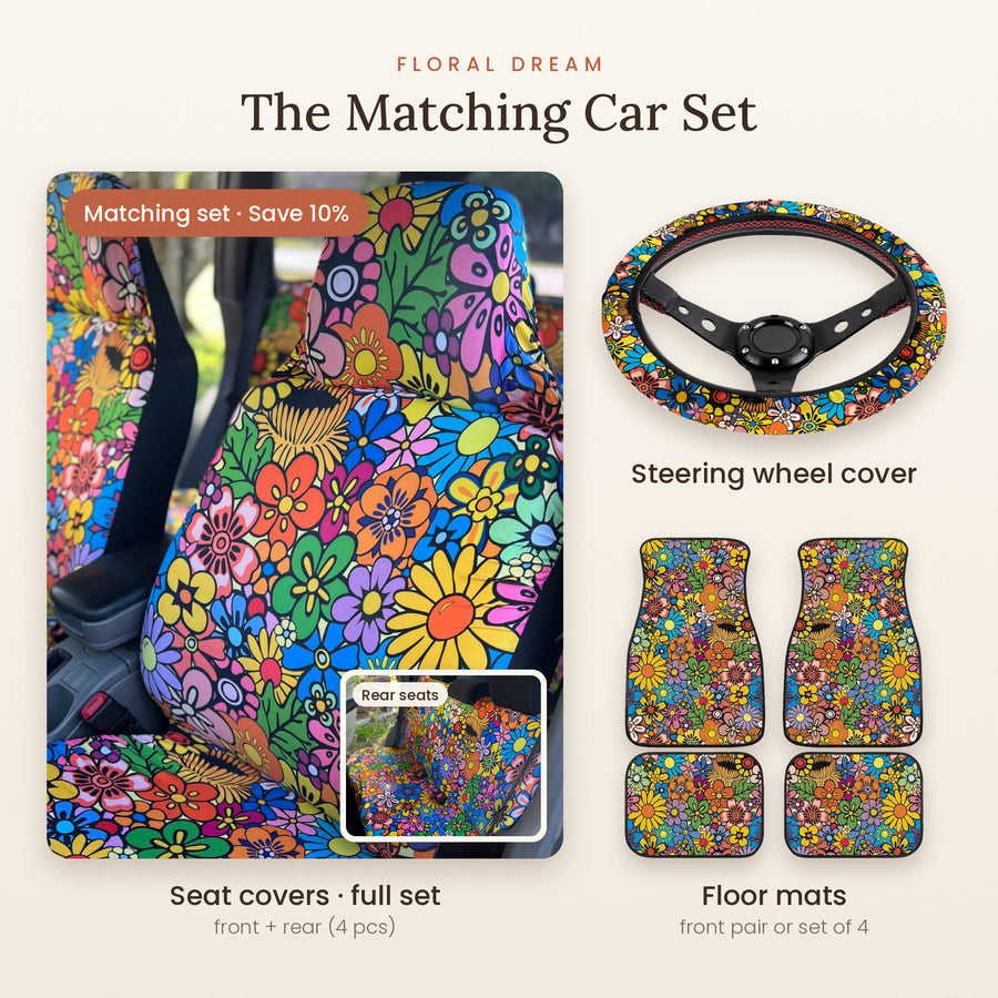 Floral Dream Matching Car Set: seat covers full set, steering wheel cover and floor mats