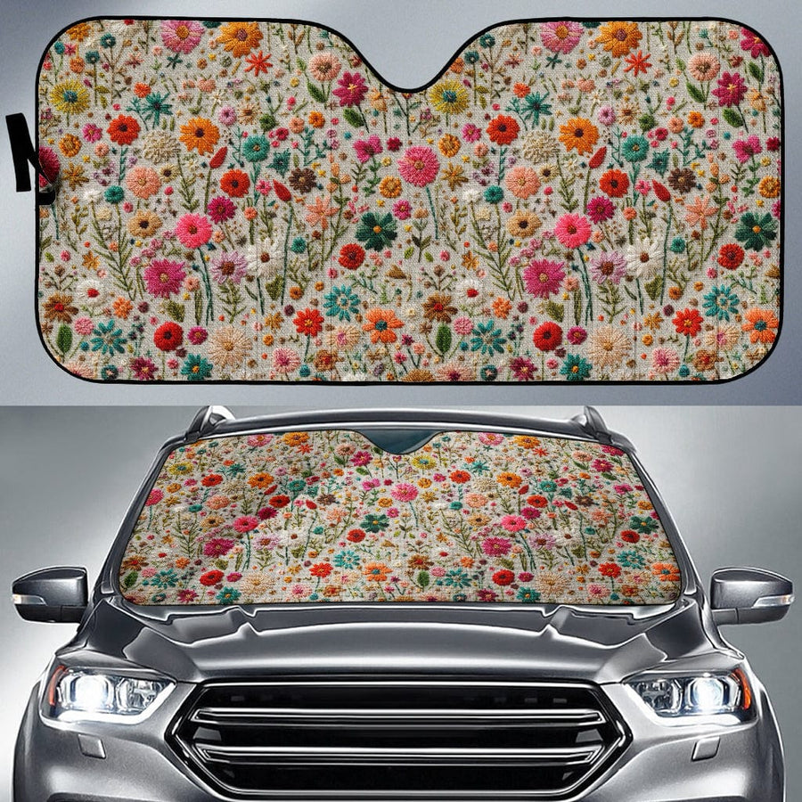 Field of Flowers Car Shade open and fitted in a car windscreen