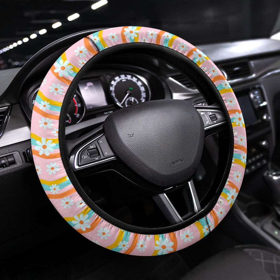 Pastel Pink Groovy Flowers Steering Wheel Covers fitted on a steering wheel