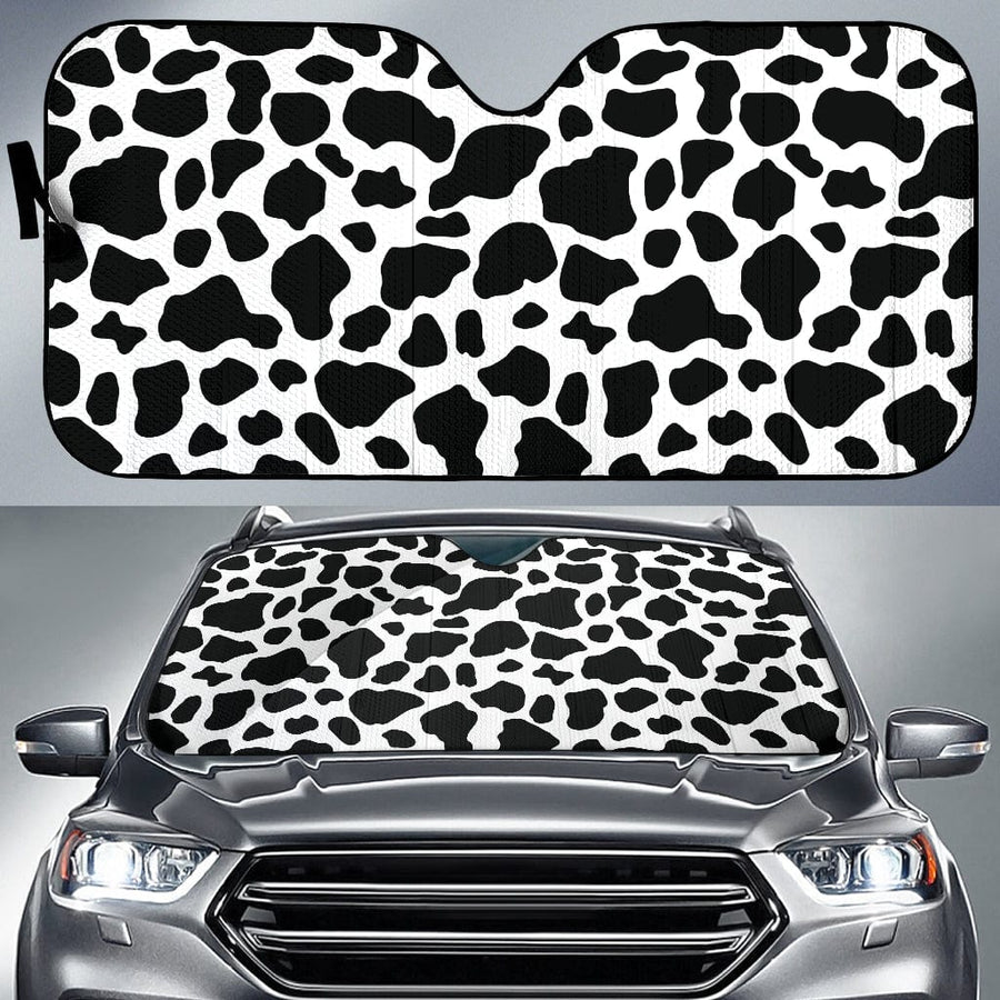 Cow Print Car Shade open and fitted in a car windscreen