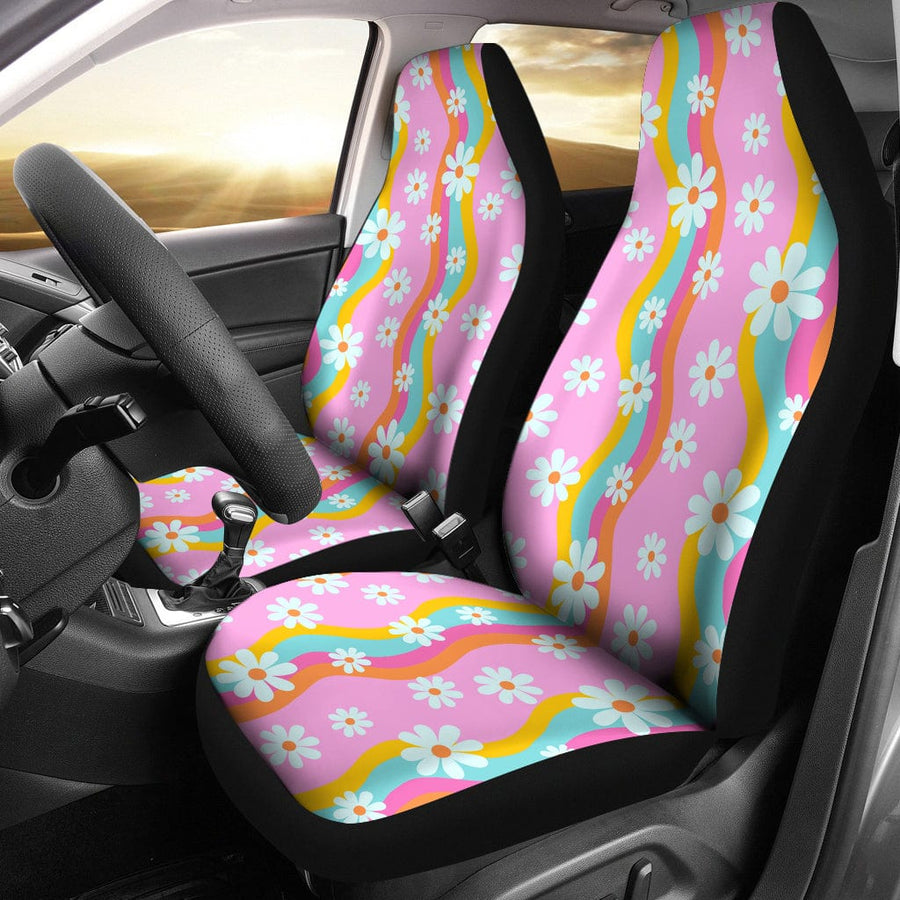 Pink Groovy Flowers Faux Suede Car Seat Covers (Set of 2) fitted on front car seats