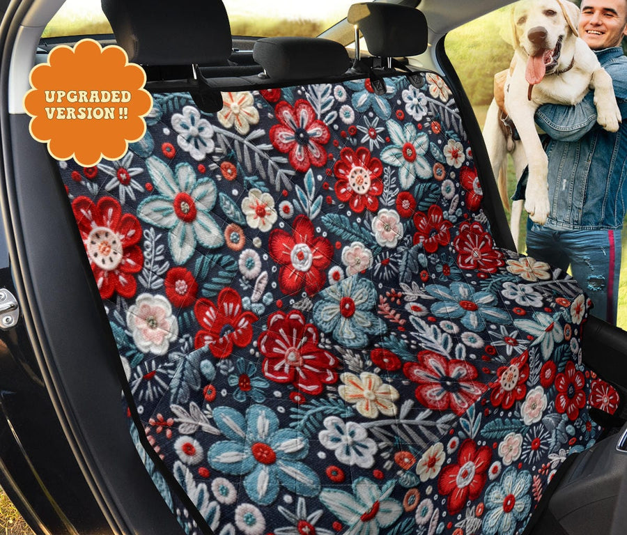 Winter Flowers Dog Car Seat Covers fitted across a car back seat as a hammock