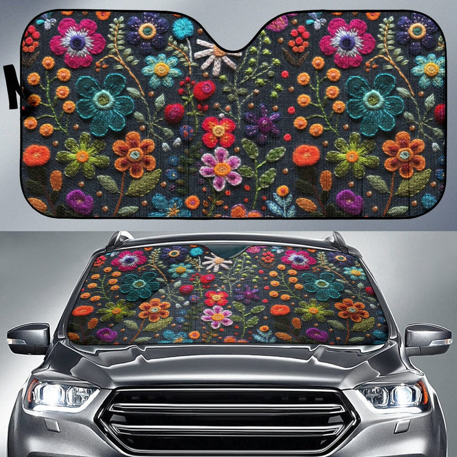 Felt Flowers Car Shade open and fitted in a car windscreen