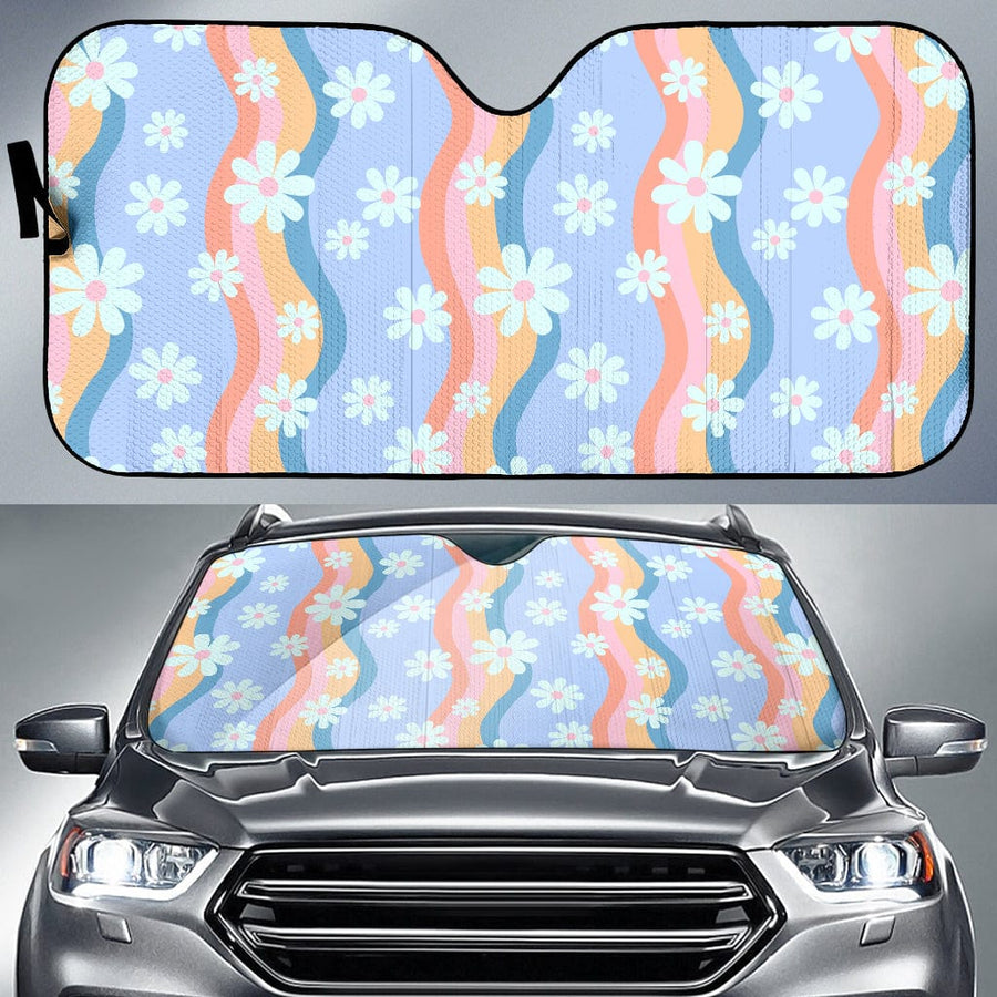 Violet Daisy Car Shade open and fitted in a car windscreen
