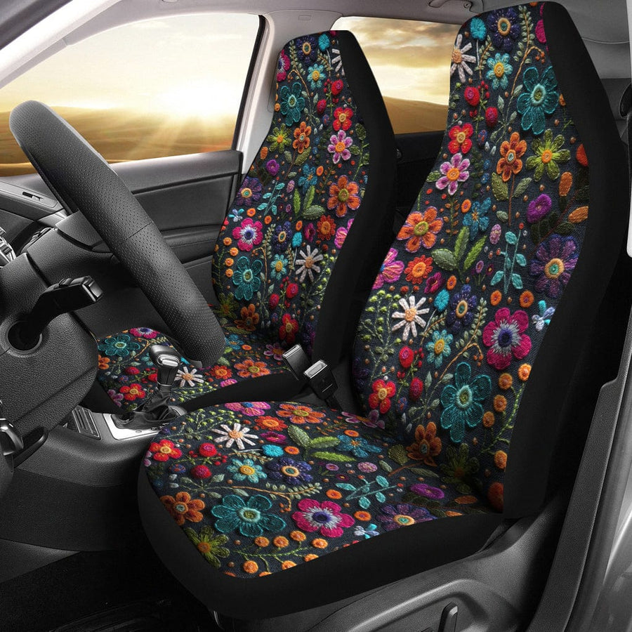 Felt Flowers Faux Suede Car Seat Covers (Set of 2) fitted on front car seats