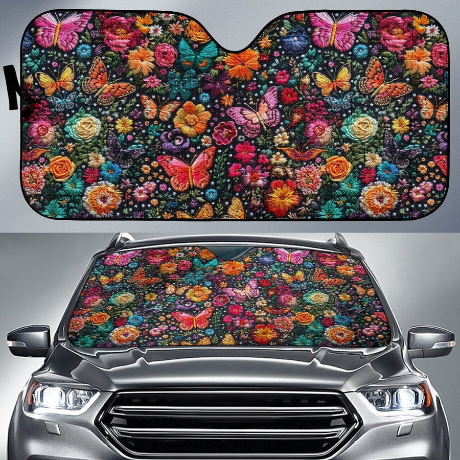 Butterflies Car Shade open and fitted in a car windscreen