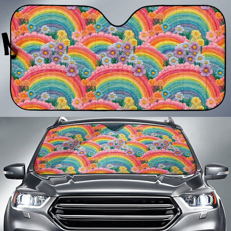 Rainbow Flowers Car Shade open and fitted in a car windscreen