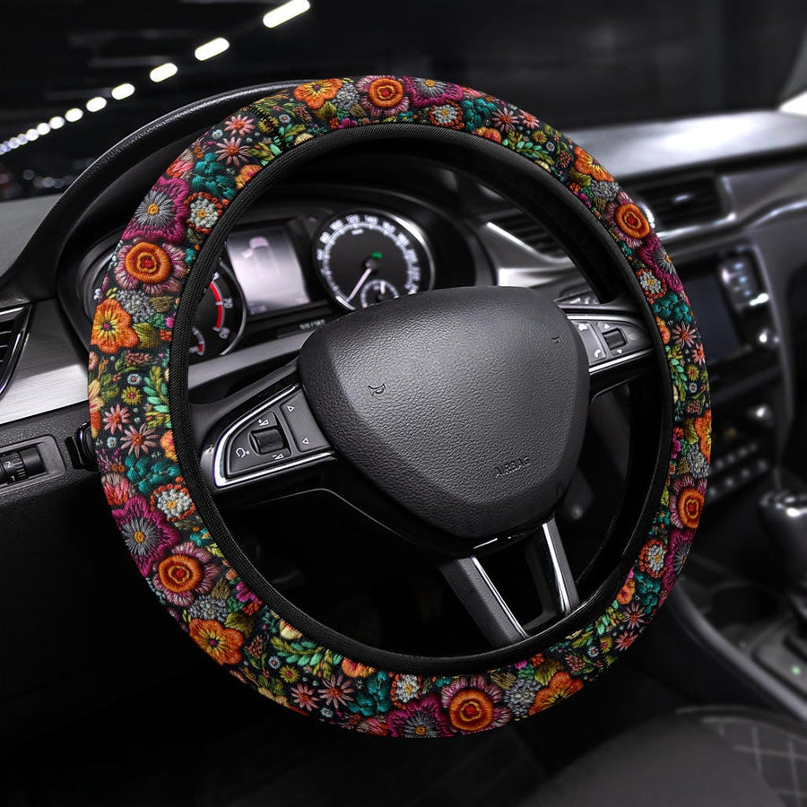 Purple Flowers Steering Wheel Covers fitted on a steering wheel