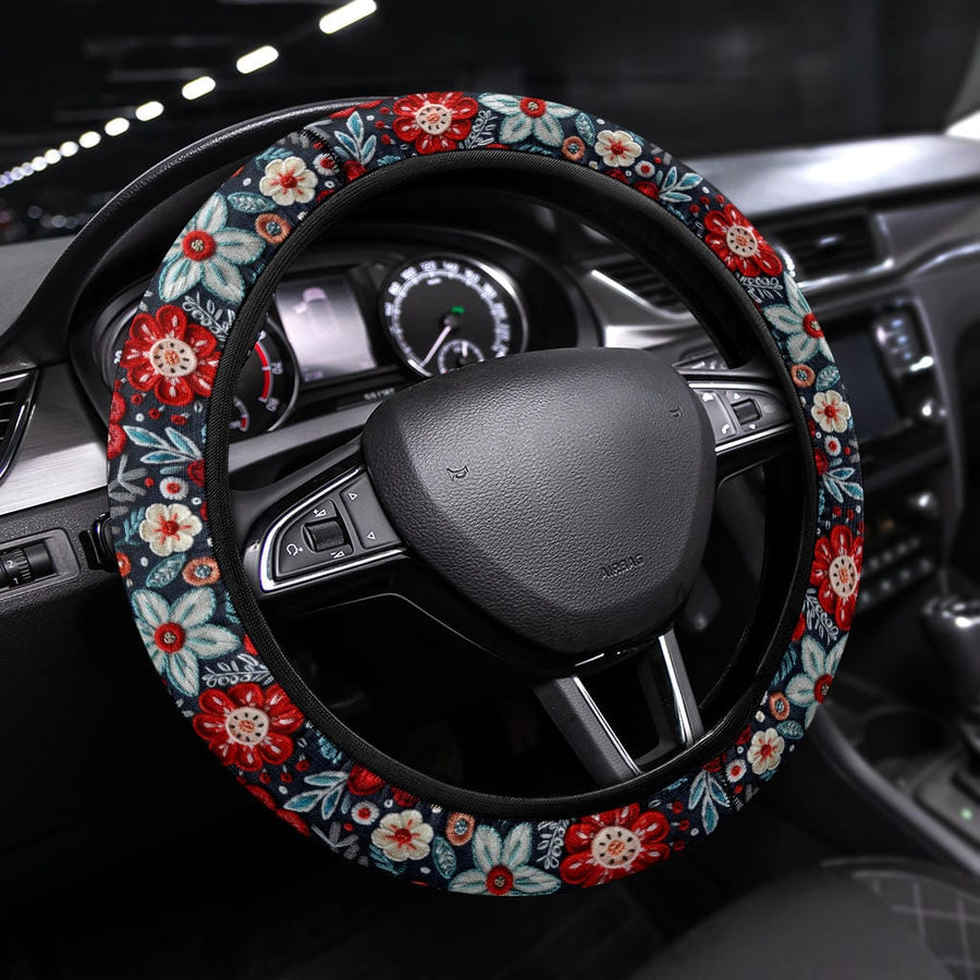 Winter Flowers Steering Wheel Covers fitted on a steering wheel