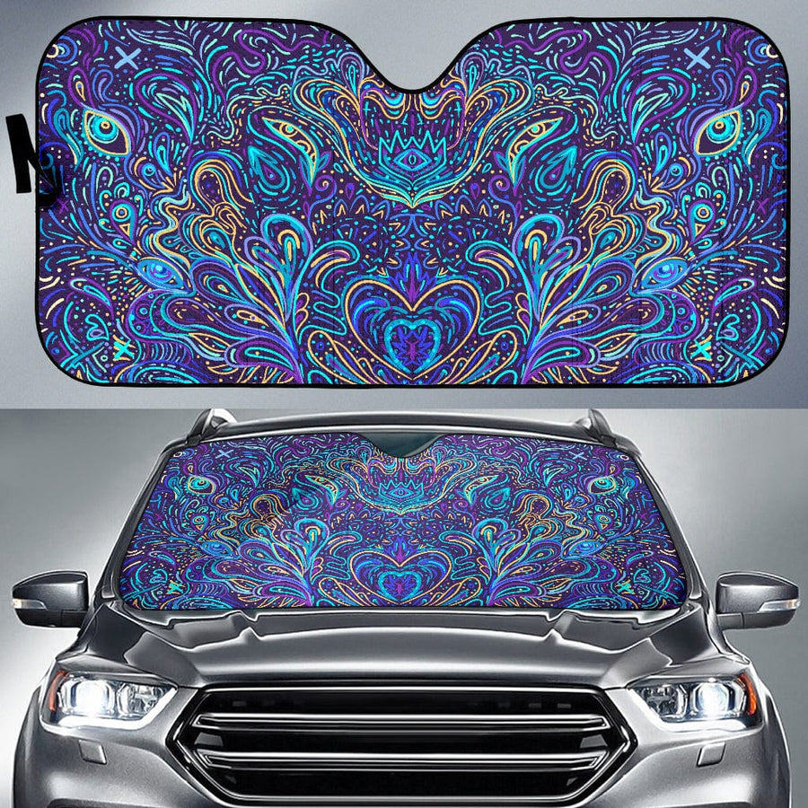 Trippy Psychedelic Blue Turquoise Car Shade open and fitted in a car windscreen