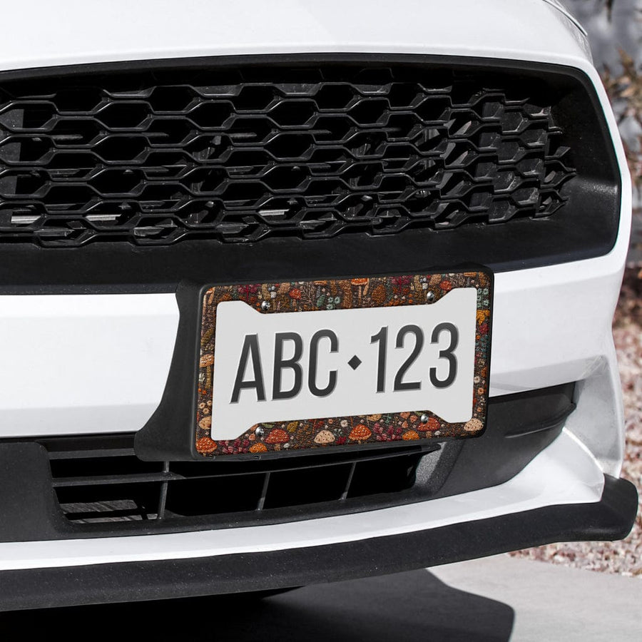 Brown Mushrooms License Plate Frame on the front of a white car