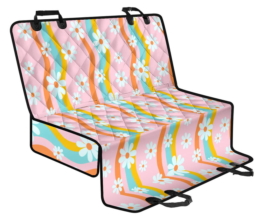 Pastel Pink Groovy Flowers Dog Car Seat Covers with its main features labelled (view 2)